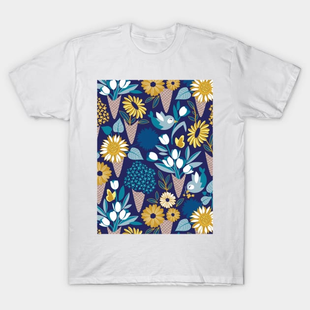 Midsummer I scream flower cones // pattern // navy blue background blue teal and yellow flowers bouquets T-Shirt by SelmaCardoso